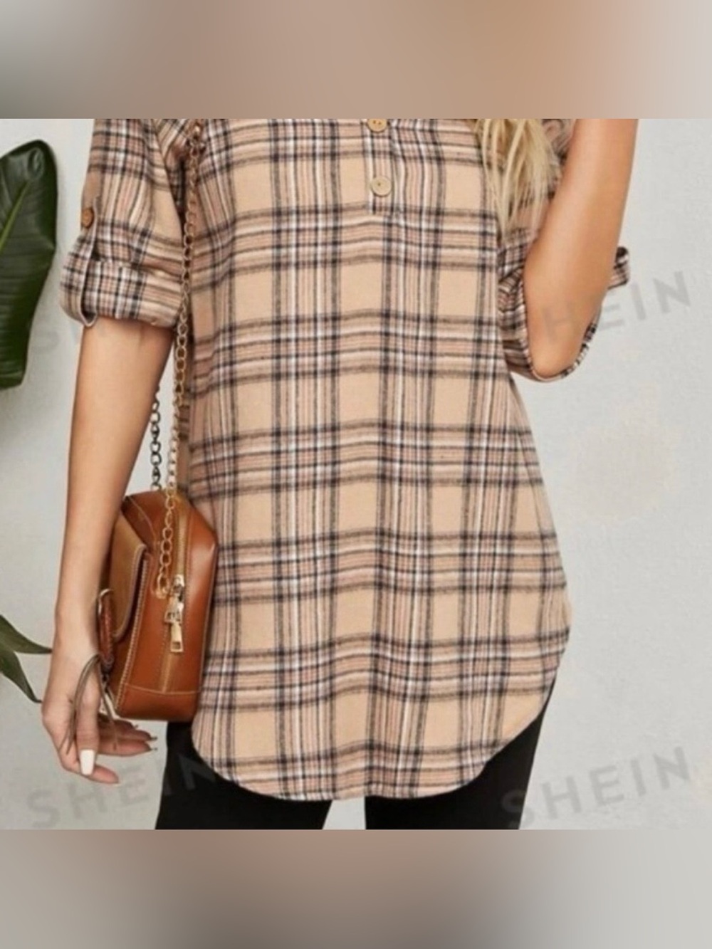 EMERY ROSE Notched Neck Plaid Print Raglan Sleeve Curved Hem Top size Large